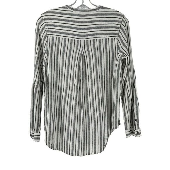 Lucky Brand Top Striped Long Sleeve Roll Tab Size S Black White Bohemian Casual - Picture 2 of 6